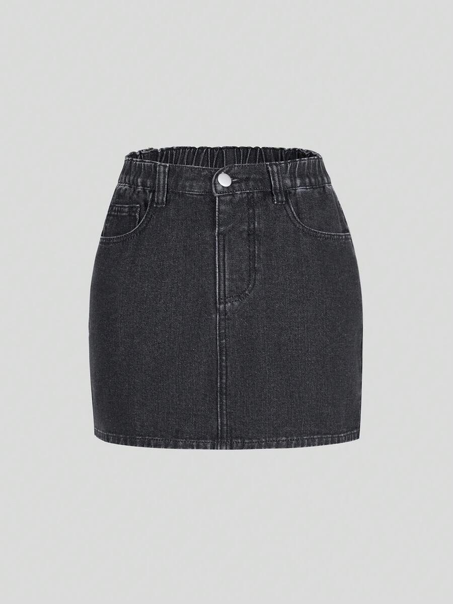 Chân váy denim cho bé gái tuổi teen, hàng mới về mùa hè, màu đen denim, kiểu dáng thời trang thường ngày, dáng ôm, chất liệu denim cotton thoải mái, phù hợp cho đi học, đi làm, mặc hàng ngày và các hoạt động ngoài trời. - màu đen - Xem 1