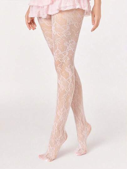 ROMWE Anime 1 Pair Of Sexy Floral Lace Fishnet Socks, Retro White Opaque Pantyhose, Light And Elastic Transparent Stockings