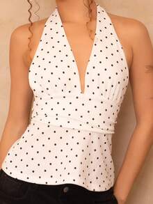 juhmazzocco Women's Halter Deep V-Neck Ruched A-Line Backless Polka Dot Camisole - White - View 5