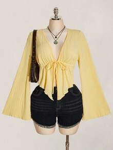 SHEIN ICON 大码女式纹理纯色喇叭袖前系带衬衫 - 淡黃色 - 查看 5