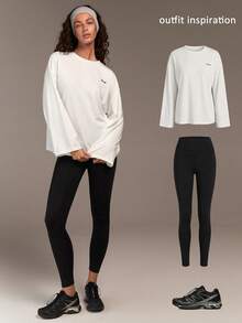 Fluxe T-shirt ample à manches longues et col rond pour femmes, blanc. Parfait pour le port casual, un Top de tous les jours , le sport en salle, l'entraînement ample, les vacances, l'été, le printemps, la Saint-Valentin, les sorties, les vacances, le casual - Blanc - Voir 8