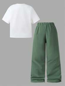 SHEIN Casuvi Kids Bộ 2 món đồ mặc mùa hè cho bé trai, áo thun và quần in chữ, kiểu dáng thường ngày. - trắng - Xem 4