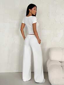 SHEIN PETITE 2件套女士刺绣针织修身家居服，夏季白色 - 白色 - 查看 3