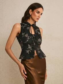 Poéselle 女士花卉提花系领无袖优雅衬衫 - 黑色 - 查看 3