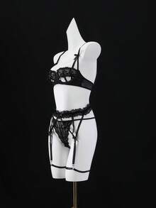 EmpressEnvy 女士性感蕾丝内衣套装，5 件套，适合外出，坏蛋造型 - 黑色 - 查看 5