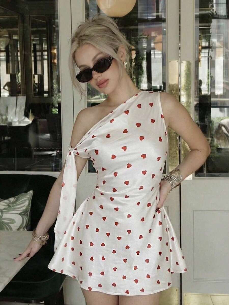 MainGRL Women's Elegant Heart Print Asymmetric-Shoulder Waist Cinched Summer White Graduation Ceremony   Dress Wedding Party Dress - White - View 1
