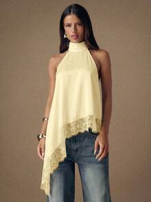 SHEIN BAE Áo hai dây satin hở lưng phối ren thanh lịch, thích hợp cho tiệc tùng, cocktail, các dịp trang trọng, Giáng sinh, hoặc trang phục công sở thường ngày. - Màu vàng - Xem 5