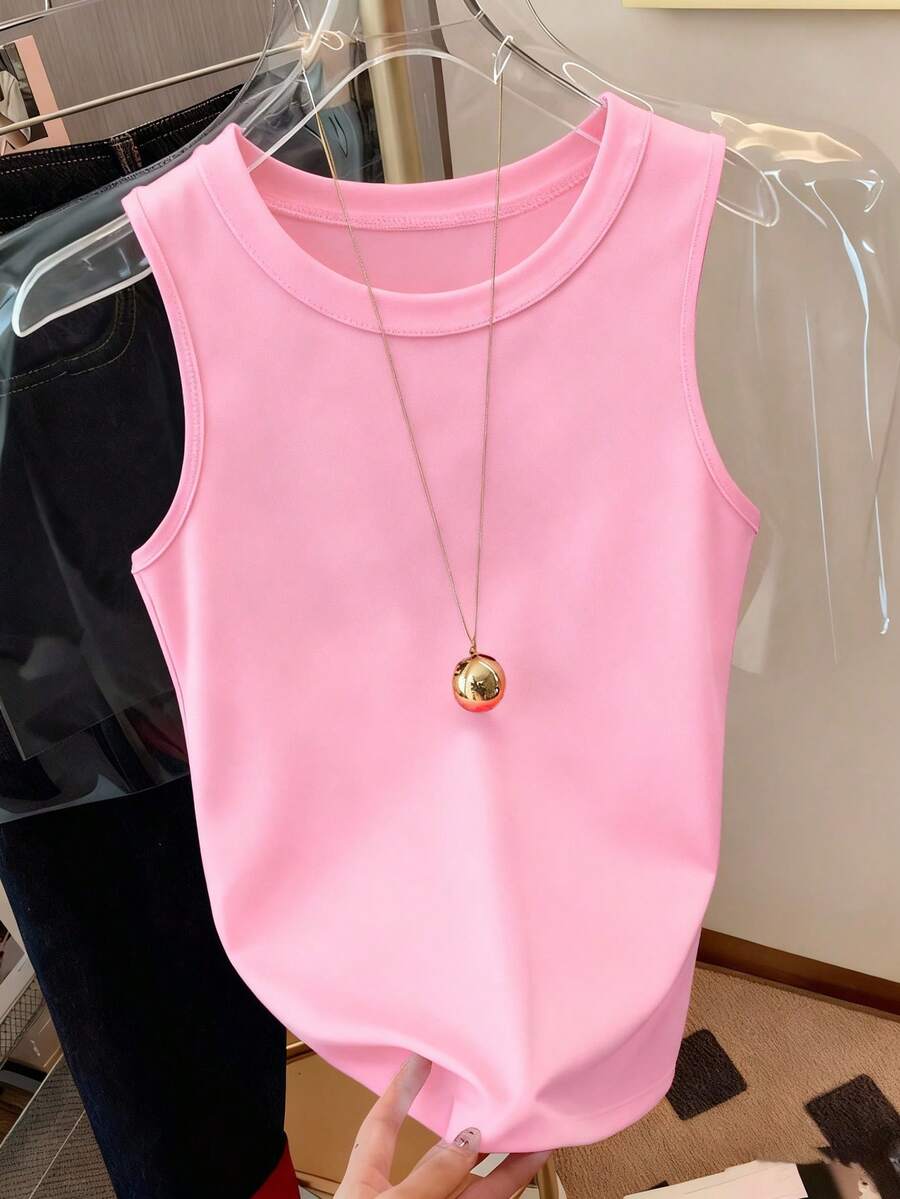 SHEIN Women's Solid Color Round Neck Casual Loose Fit Tank Top - Pink - View 1
