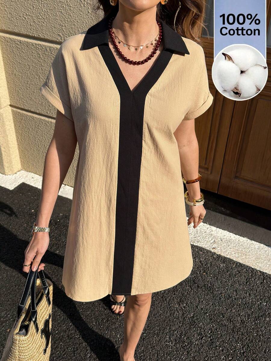 SHEIN Clasi 女士舒适优雅短款连衣裙,撞色领设计,适合通勤、春夏穿着,亦可作为夏季休闲连衣裙、复活节婚礼及其他活动穿着,优雅度假连衣裙,以及女士工作装。 - 卡其色 - 查看 1