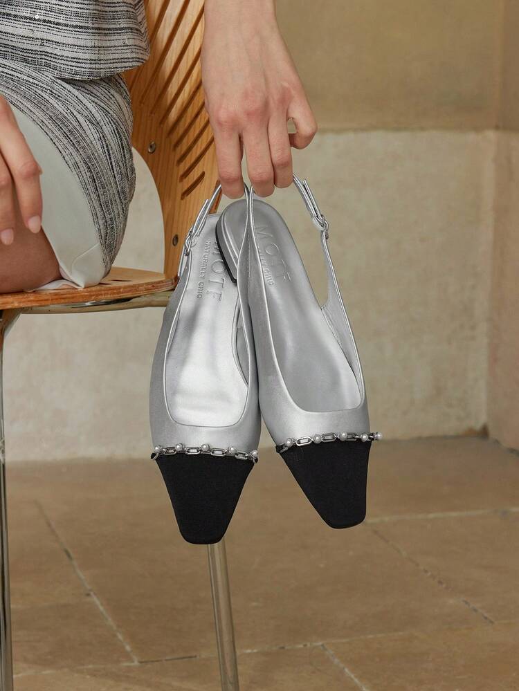 WOMEN'S FASHION COLOR BLOCK FAUX PEARL DECOR SLINGBACK FLAT SHOES