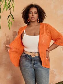 BrightlyHer Plus Size Women Solid Color Hollow Out 3/4 Sleeve Open Front Casual Jacket,Summer Dresses For Women ,Beach Outfits For Women,Holiday Outfits For Women,Country Outfits For Women,Women's Spring Jacket Plus Size Summer Cardigan Plus Size Spring Outfits Women Casual Outfits New Arrivals For Plus Size Woman Plus Size Outfits For Women Women's Plus Size Clothes - Coral Orange - View 3