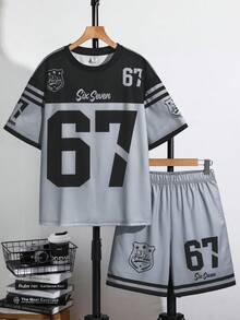 SHEIN 2件套青少年男童休闲经典酷炫棒球运动风套装，67号，星形印花短袖圆领T恤和短裤套装，适合春夏季节日常穿着、运动、郊游、上学、聚会、节日、拍照等场合。 - 彩色 - 查看 3