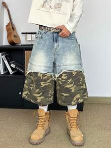 STEELVANCE Men Vintage Casual Loose Wide Leg Denim Shorts With Frayed Hem And Rivet Design, Versatile Street Style For Summer - Blue - View 4