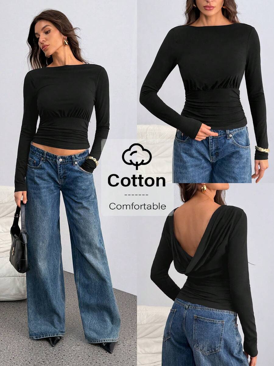 SHEIN Tall 深V露背长袖上衣 冬季黑色
