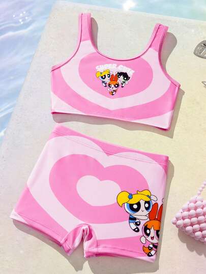 THE POWERPUFF GIRLS X SHEIN Young Girl Colorblock Cartoon Print Bikini Set, Suitable For Beach/Vacation
