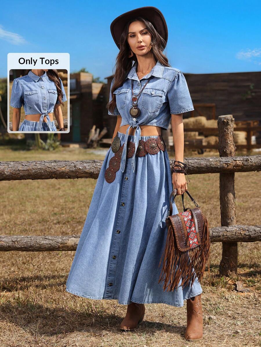 SHEIN Holidaya Women's Elegant Casual Short Blue Cardigan Shirt With Tie, Light Denim Blouse - Light Wash - View 1