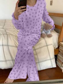 DAZY 2pcs/Set Cute Bear Polka Dot Loose Long Sleeve T-Shirt And Long Pants Pajama Set, Spring Women - Mauve Purple - View 1