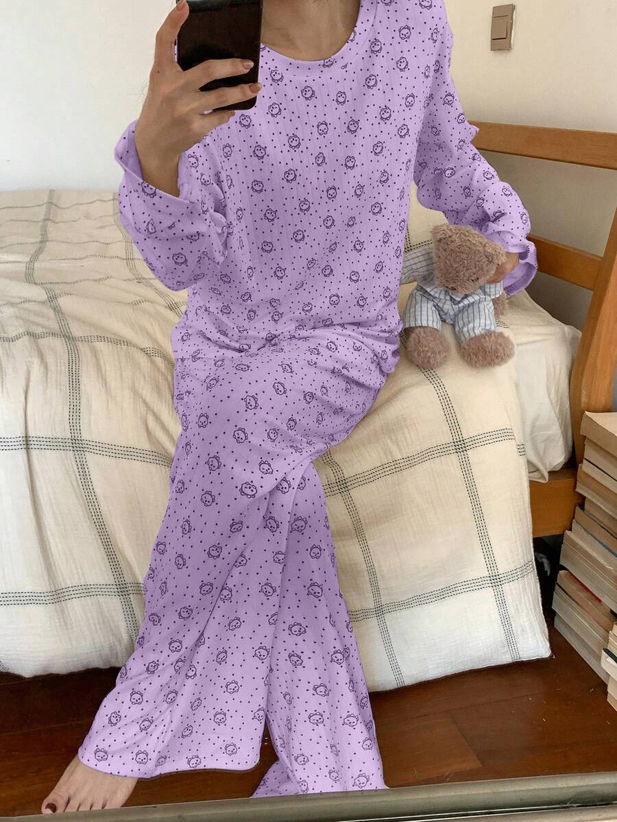 DAZY 2pcs/Set Cute Bear Polka Dot Loose Long Sleeve T-Shirt And Long Pants Pajama Set, Spring Women - Mauve Purple - View 1