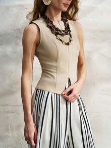 Airaco Women's Solid Color Zip-Up Fitted Casual Everyday Top - Khaki - View 7