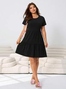Solflare Plus Size Women's Solid Color Round Neck Short Sleeve Casual Dress, Spring/Summer - Black - View 5