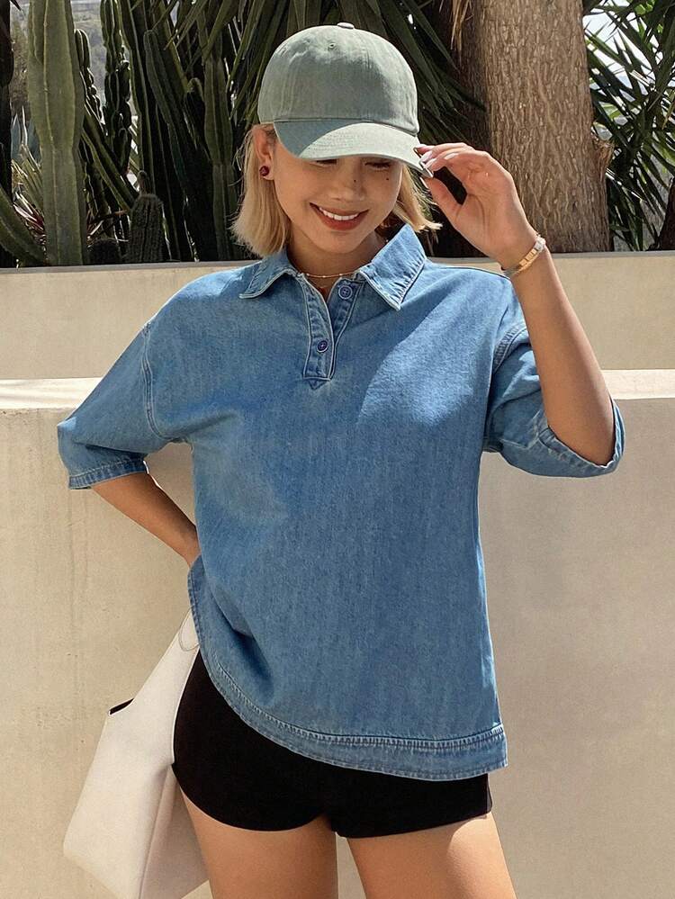 Women's Loose Half-Placket Blue Short Sleeve Denim Blouse, Spring & Summer