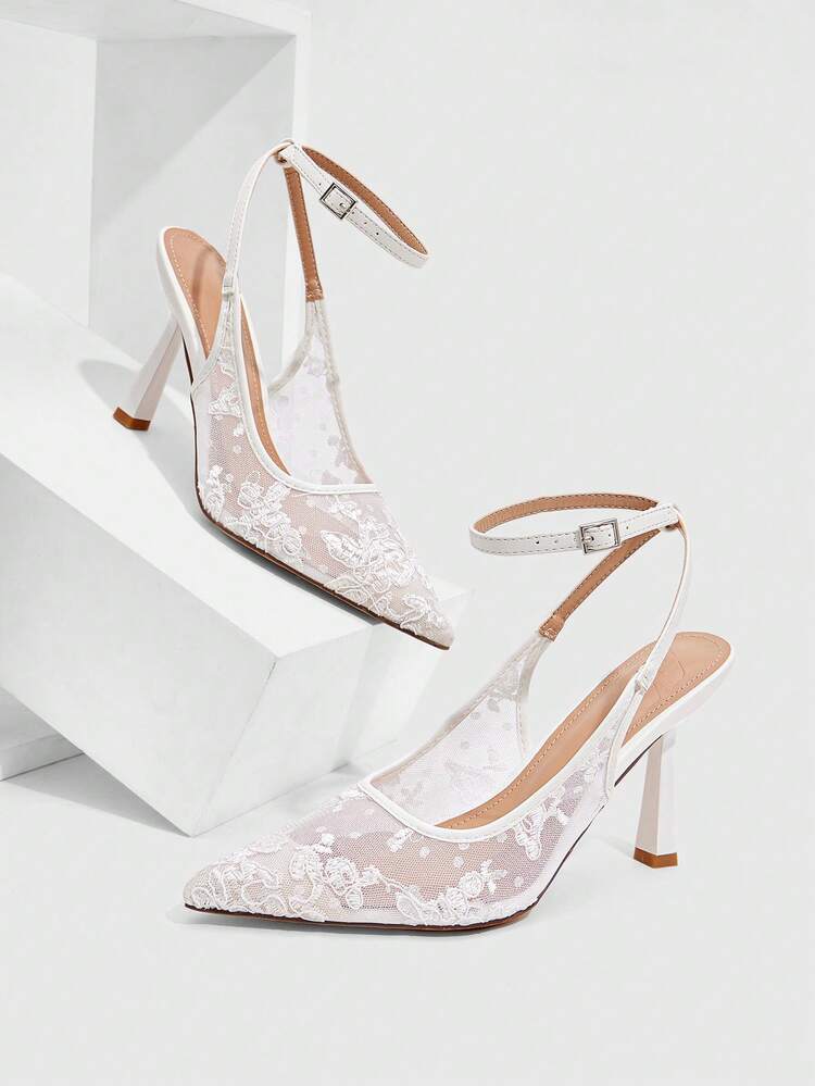 CUCCOO SZL Women Shoes Spring And Summer New Pointed Stiletto Beige Lace Mesh Fashion Sexy Wedding Banquet Ankle Strap Women's High Heels Shoes Women's Shoes Spring Shoes