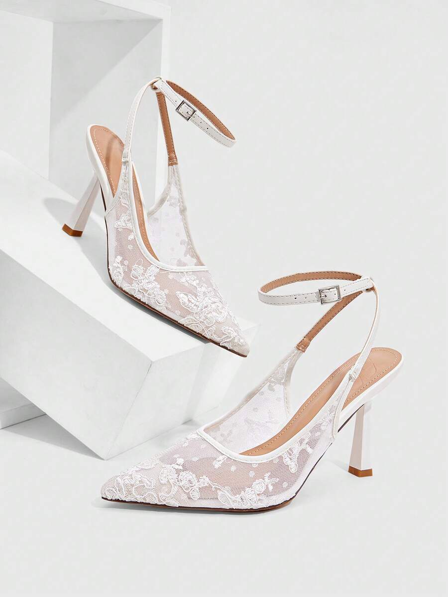 CUCCOO SZL Women Shoes Spring And Summer New Pointed Stiletto Beige Lace Mesh Fashion Sexy Wedding Banquet Ankle Strap Women's High Heels Shoes Women's Shoes Spring Shoes - White 1 - View 1