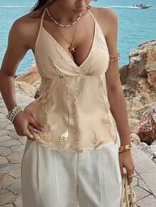 Lucivie Blusa casual y elegante, sexy y vintage de color beige con escote halter profundo en V, adornada con lentejuelas - Blusa brillante para fiestas de verano, top corto chispeante y seductor para citas, adecuado para uso diario, atuendo de oficina, vacaciones relajantes, citas románticas, días escolares, vacaciones en la playa - Dorado - Ver 6