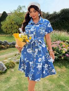 EMERY ROSE 大码女式碎花扭结前襟休闲牛仔连衣裙，适合约会和外出穿着 - 藍色 - 查看 5