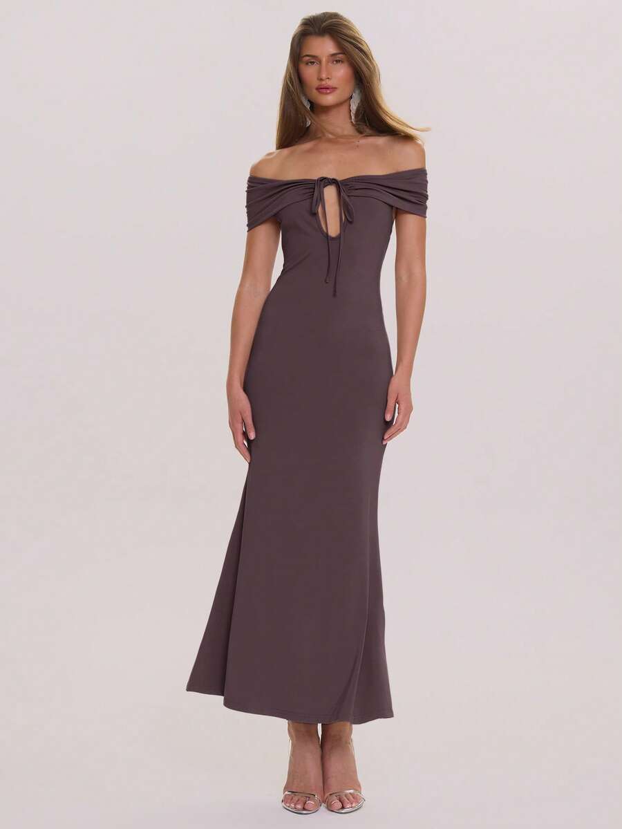 MUSERA Vestido largo elegante de primavera y verano con hombros descubiertos, escote con lazo, ajustado y con cola de pez, para boda, invitado, vacaciones, ocasiones especiales y luna de miel - Púrpura malva - Ver 1