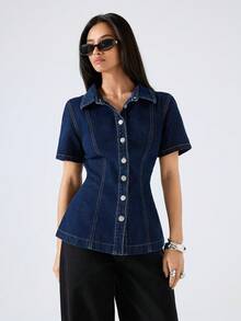 LYSMO 2026新款极简主义春季新款女士纯色休闲短袖牛仔衬衫，夏季海滩外出度假上衣，女士休闲蓝色上衣，Y2K牛仔衬衫 - 藍色 - 查看 5