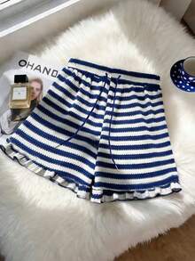 Resyla Women's Striped Print Tie Waist Casual Vacation Shorts - Blue and White - View 1