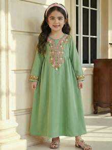 SHEIN 女童V领休闲纯色梭织连衣裙 - 綠色 - 查看 6