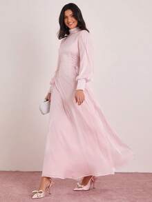 Enchnt Đầm ôm dáng kiểu Pháp thanh lịch màu hồng trơn, cổ đứng, tay phồng, thắt eo. - Hồng - Xem 5