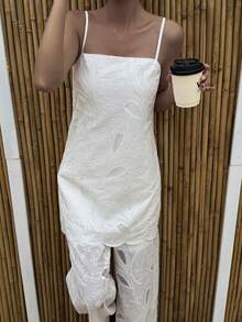 Livesso Spring & Summer Bohemian Style Fashion White Camisole Top & Loose Straight Leg Hollow-Out Embroidered Casual Pants Set, Relaxed Beach Holiday Elegant Commuter Outfit For Women - White - View 6