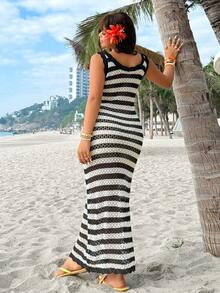 GalTyme Đầm len dệt kim dáng suông, họa tiết sọc thanh lịch dành cho nữ cỡ lớn, đa năng cho mùa xuân và mùa hè. - Nhiều màu - Xem 5