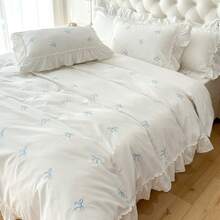 Cirelle 2/3 Pcs Polyester Bedding Set With Bow Embroidery & Ruffle Trim – Modern All-Season Duvet Cover + 1/2 Pillowcases (No Comforter), Wrinkle-Resistant & Soft Home Decor - White - View 12
