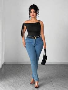 Elenzga Plus Size Women Summer Fashionable Elegant Commuter Sleeveless Oblique Shoulder Tie Strap Camisole - Black - View 4
