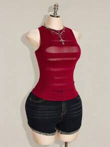 SHEIN ICON Áo camisole gợi cảm cỡ lớn phong cách Y2K với chất liệu lưới xuyên thấu, phối nhiều mảnh, mang hơi hướng rách rưới. - Màu Đỏ Sâu - Xem 6