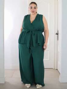 Pretty and Ole Plus Size Women Casual Solid Color Sleeveless Top & Pants 2 Pieces Set,Cardigan With Irregular Hem, Straps, And Wide-Leg Pants,Green,Summer - Dark Green - View 5