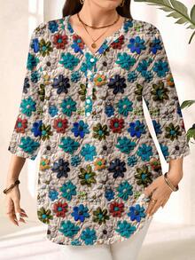 EMERY ROSE Camisa de talla grande con estampado floral y cuello recortado - Multicolor - Ver 4