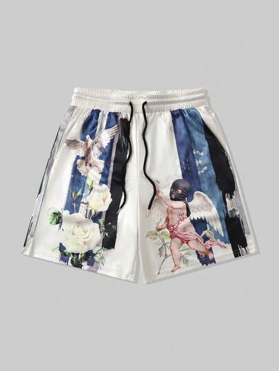 ROMWE MEN Street Life Men's Summer Casual Contrast Color Striped Angel Flower Print Shorts