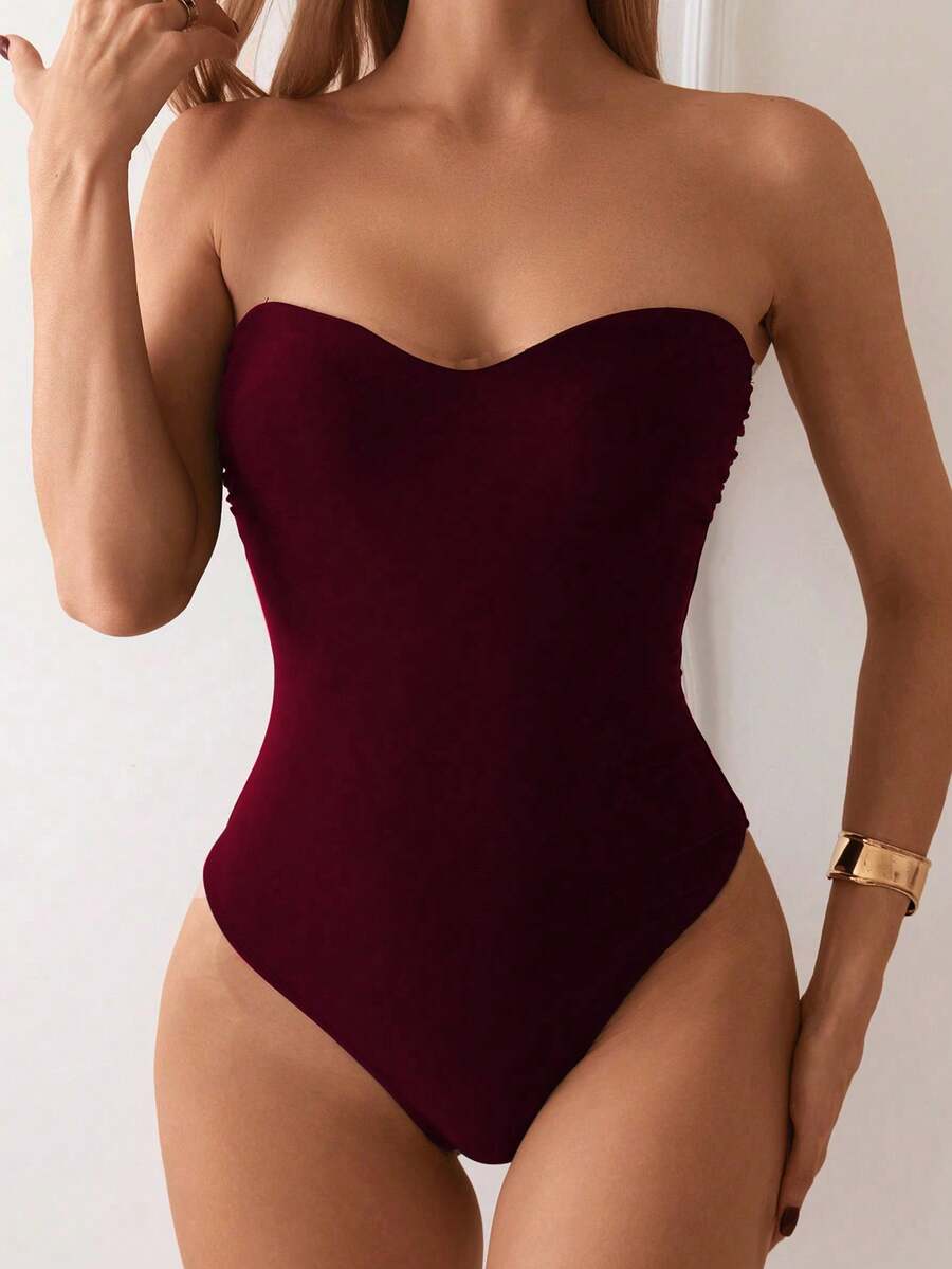 Swim Basics Solid Color Strapless One-Piece Swimsuit For Beach Vacation - Burgundy - View 1