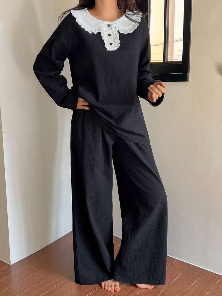 2pcs Lace Patchwork Loose Cardigan & Pants Women Pajama Set, Autumn/Winter