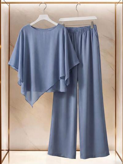 This Elegant And Casual Blue Two-Piece Women's Set-A Chiffon Asymmetrical Shawl-Sleeve Top And Wide-Leg Trousers-Is Perfect For Spring And Summer, Making It An Ideal Choice For Vacations, The Beach, Outings, Everyday Casual Wear, And Festive Occasions. Ruffle Set,Summer Outfits For Women