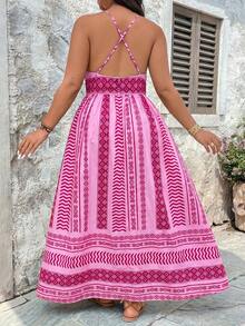 SHEIN VCAY Plus Size Pink Digital Print Fitted Waist Vacation Style Deep V-Neck Halter Backless Tie Dress - Hot Pink - View 2