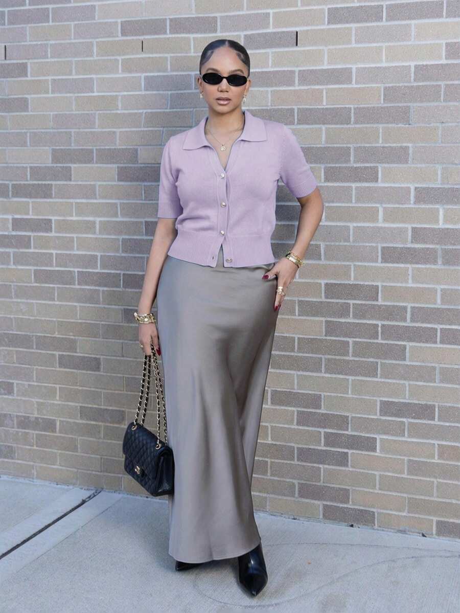 Melissa Matos 新款夏季柔软韩版休闲通勤百搭Polo领针织上衣,女款针织毛衣,适合大学校园穿着 - 淡紫色 - 查看 1