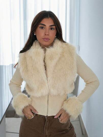 Hitanina 杏色仿皮草拉链长袖女式夹克，时尚街头风格，秋冬