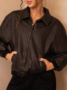juhmazzocco Jaket Kulit PU Motif Salju Vintage Baru Musim Gugur - Hitam - View 6