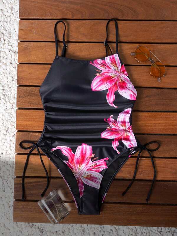  Swim Mod New Summer Women's Light Yellow Base Fresh Style 3D Print Spaghetti Strap Side Drawstring One-Piece Swimsuit